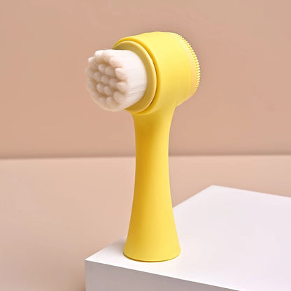 Dual-Sided & Soft Bristle Facial Cleansing Brush - Deep Pore Exfoliating Face Scrubber for Skincare, Face Wash, Double Side - Color: Yellow